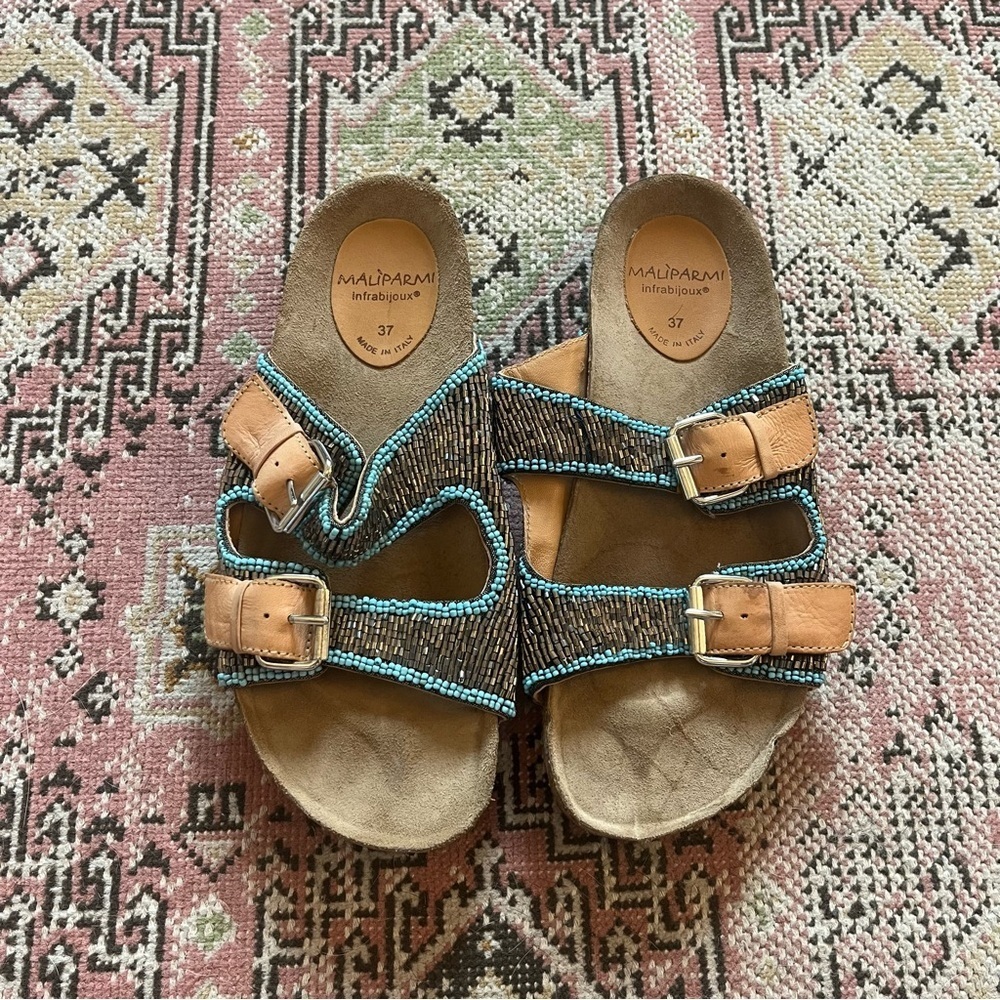 Maliparmi Blue and Tan Sandals with Cork Footbed